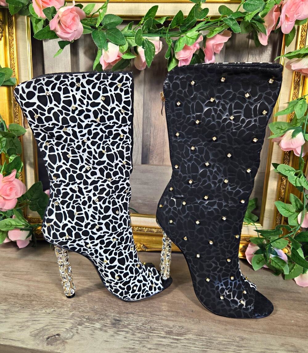 Shanice Imani Boots 8.5 Rhinestone Jeweled Heel Black White Peep Toe Y2K